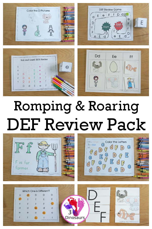 Free Romping and Roaring DEF Review Pack - with letter d, letter e, and letter f printables for reviewing the three letters with tracing, puzzles, coloring pages, finger puppets, game and more - 3Dionsaurs.com