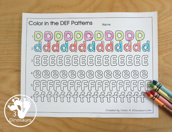 Free Romping and Roaring DEF Review Pack - with letter d, letter e, and letter f printables for reviewing the three letters with tracing, puzzles, coloring pages, finger puppets, game and more - 3Dionsaurs.com