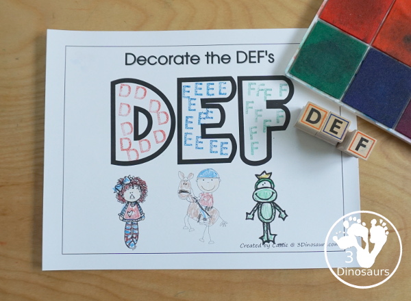 Free Romping and Roaring DEF Review Pack - with letter d, letter e, and letter f printables for reviewing the three letters with tracing, puzzles, coloring pages, finger puppets, game and more - 3Dionsaurs.com