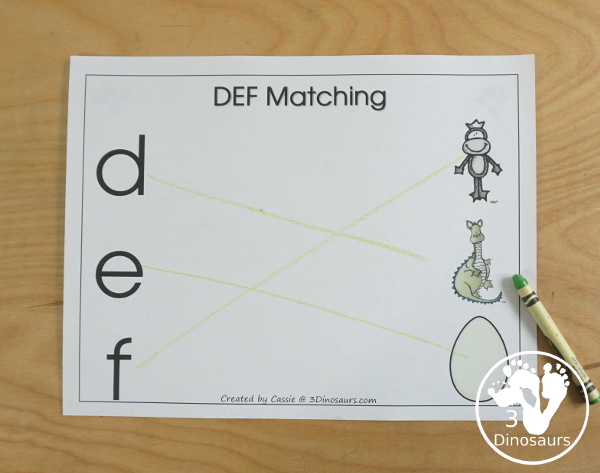 Free Romping and Roaring DEF Review Pack - with letter d, letter e, and letter f printables for reviewing the three letters with tracing, puzzles, coloring pages, finger puppets, game and more - 3Dionsaurs.com