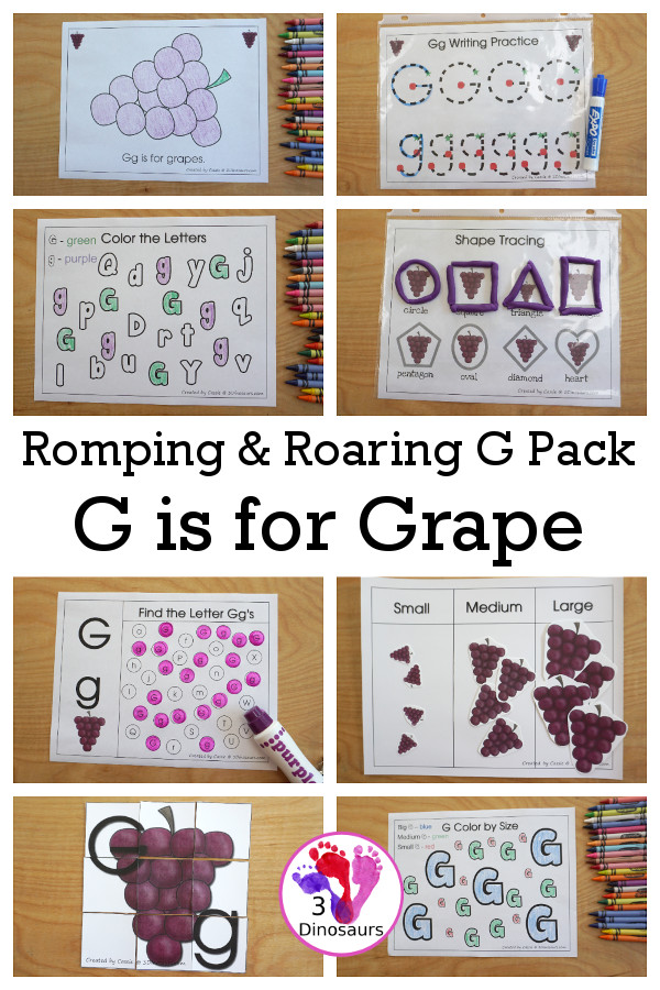 Free Romping & Roaring G Pack Letter Pack: G is for Grape - a letter G pack that has prewriting, finding letters, tracing letters, coloring pages, shapes, puzzles and more - 3Dinosaurs.com