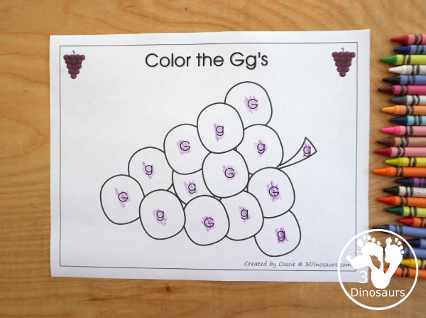 Free Romping & Roaring G Pack Letter Pack: G is for Grape - a letter G pack that has prewriting, finding letters, tracing letters, coloring pages, shapes, puzzles and more - 3Dinosaurs.com