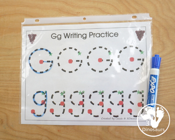 Free Romping & Roaring G Pack Letter Pack: G is for Grape - a letter G pack that has prewriting, finding letters, tracing letters, coloring pages, shapes, puzzles and more - 3Dinosaurs.com