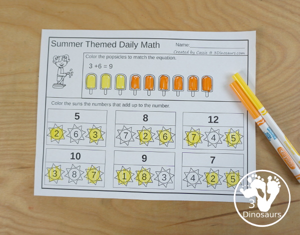 No Prep Summer Addition & Subtraction - 30 pages no-prep printables with a mix of addition and subtraction activities plus a math center activity - 3Dinosaurs.com #noprepmath #tpt #addition #subtraction