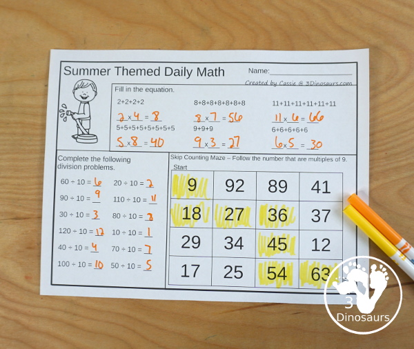 No Prep Summer  Multiplication & Division - 30 pages no-prep printables with a mix of  multiplication and division activities plus a math center activities - 3Dinosaurs.com #noprepmath #tpt #multiplication #division