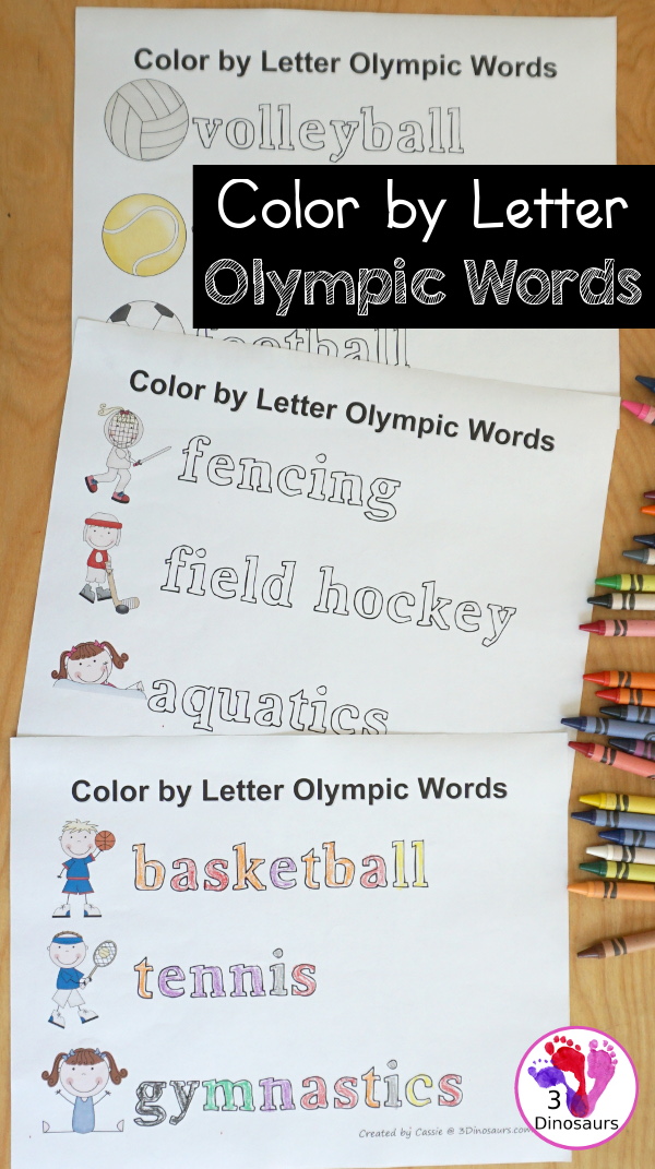 Free Summer Olympic Pack Extra: Color by Letter - with 30 words for kids to color and learn with summer sport themes - 3Dinosaurs.com 