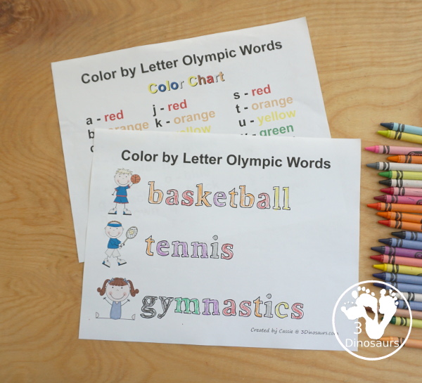 Free Summer Olympic Pack Extra: Color by Letter - with 30 words for kids to color and learn with summer sport themes - 3Dinosaurs.com 