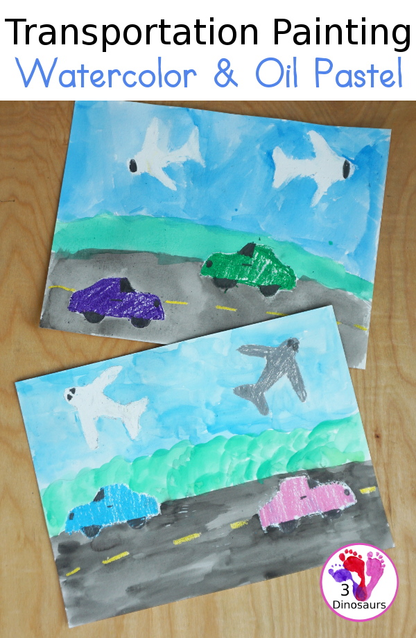Transportation Painting with Watercolors and Oil Pastels - a super fun car and plane painting that kids can do with mixed art of watercolor and oil pastels - 3Dinosaurs.com