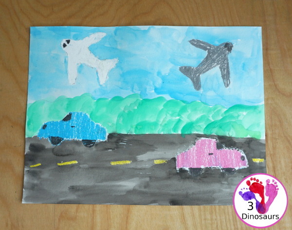 Transportation Painting with Watercolors and Oil Pastels - a super fun car and plane painting that kids can do with mixed art of watercolor and oil pastels - 3Dinosaurs.com