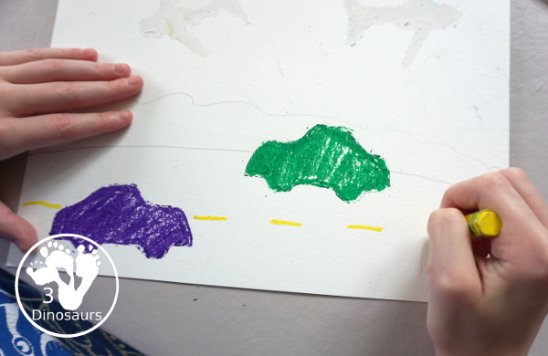 Transportation Painting with Watercolors and Oil Pastels - a super fun car and plane painting that kids can do with mixed art of watercolor and oil pastels - 3Dinosaurs.com