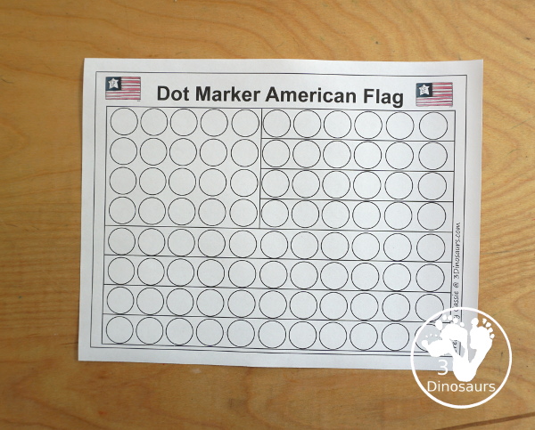 Free Dot Marker American Flag Printable -an easy fine motor craft with dot markers that kids can do to make an American Flag. This is great for Flag Day, Memorial Day, and the Fourth of July - 3Dinosaurs.com