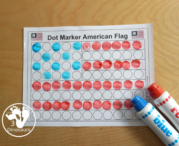 Free Dot Marker American Flag Printable -an easy fine motor craft with dot markers that kids can do to make an American Flag. This is great for Flag Day, Memorial Day, and the Fourth of July - 3Dinosaurs.com