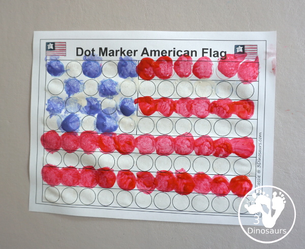 Free Dot Marker American Flag Printable -an easy fine motor craft with dot markers that kids can do to make an American Flag. This is great for Flag Day, Memorial Day, and the Fourth of July - 3Dinosaurs.com