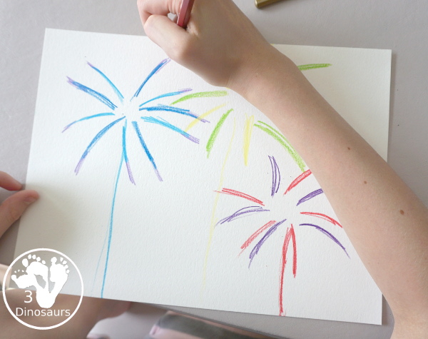 Watercolor Pencil Fireworks Craft for Kids - with a simple painting using watercolor pencils for kids to make fireworks - 3Dinosaurs.com