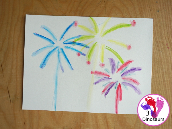 Watercolor Pencil Fireworks Craft for Kids - with a simple painting using watercolor pencils for kids to make fireworks - 3Dinosaurs.com