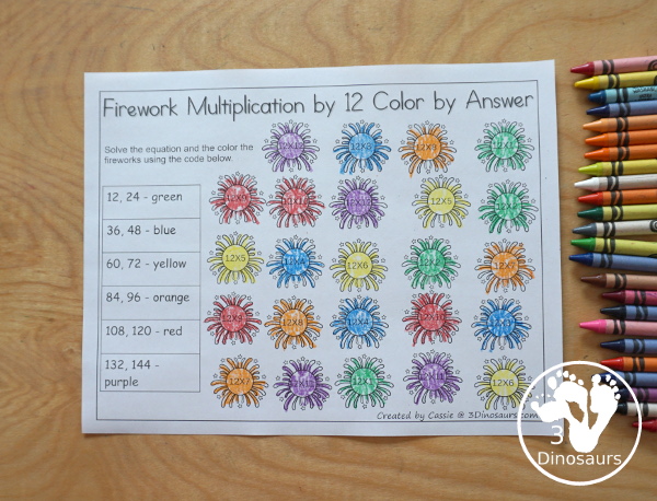 Free Multiplication Color by Firework Worksheet Printable - with multiplication from 1 to 12 with a multiplication worksheet for each number. - 3Dinosaurs.com