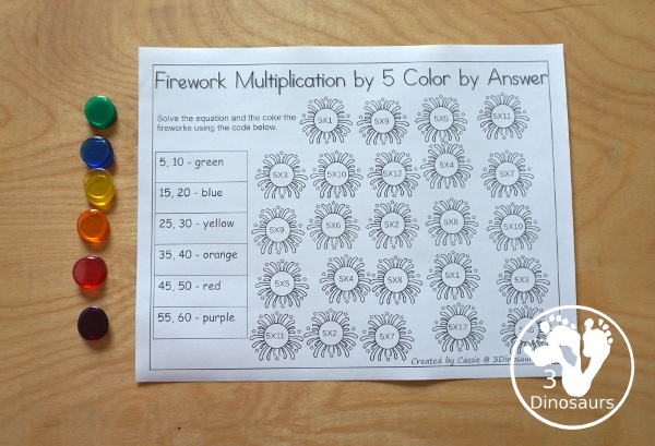 Free Multiplication Color by Firework Worksheet Printable - with multiplication from 1 to 12 with a multiplication worksheet for each number. - 3Dinosaurs.com