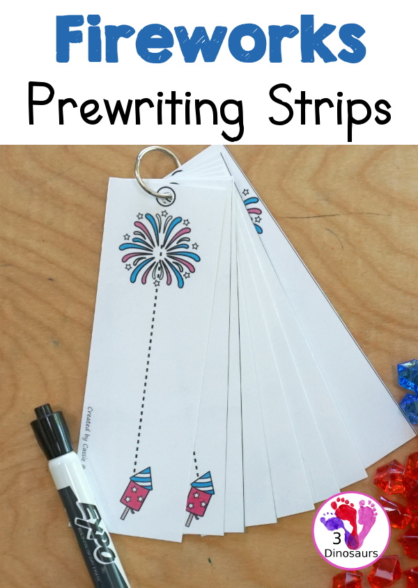 Free Fireworks Prewriting Strip Printable - has 8 prewriting strips that you can use with kids with 8 different lines for kids to trace - 3Dinosaurs.com