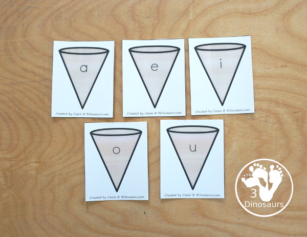 Free Ice Cream CVC Short Vowel Matching Printable - withs five short vowels a, e, i, o, u, and three matching CVC pictures for each short vowel with a recording sheets - 3Dinosaurs.com