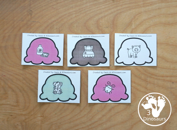 Free Ice Cream CVC Short Vowel Matching Printable - withs five short vowels a, e, i, o, u, and three matching CVC pictures for each short vowel with a recording sheets - 3Dinosaurs.com