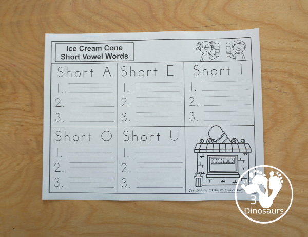 Free Ice Cream CVC Short Vowel Matching Printable - withs five short vowels a, e, i, o, u, and three matching CVC pictures for each short vowel with a recording sheets - 3Dinosaurs.com