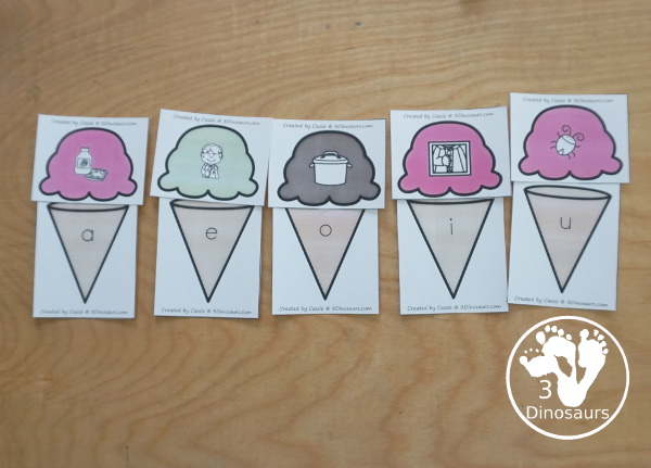 Free Ice Cream CVC Short Vowel Matching Printable - withs five short vowels a, e, i, o, u, and three matching CVC pictures for each short vowel with a recording sheets - 3Dinosaurs.com
