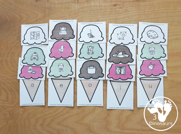 Free Ice Cream CVC Short Vowel Matching Printable - withs five short vowels a, e, i, o, u, and three matching CVC pictures for each short vowel with a recording sheets - 3Dinosaurs.com