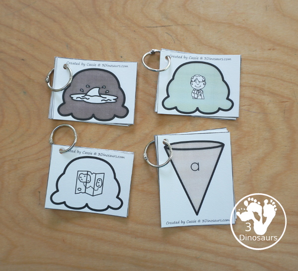 Free Ice Cream CVC Short Vowel Matching Printable - withs five short vowels a, e, i, o, u, and three matching CVC pictures for each short vowel with a recording sheets - 3Dinosaurs.com