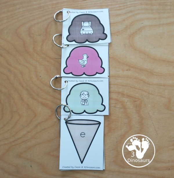 Free Ice Cream CVC Short Vowel Matching Printable - withs five short vowels a, e, i, o, u, and three matching CVC pictures for each short vowel with a recording sheets - 3Dinosaurs.com