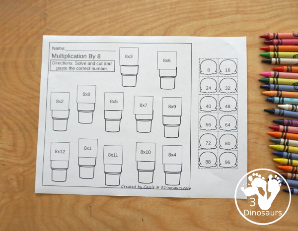 Free Ice Cream Cone Multiplication Cut & Paste - with multiplication from 1 to 12 with cut and paste the answer on the equation - 3Dinosaurs.com