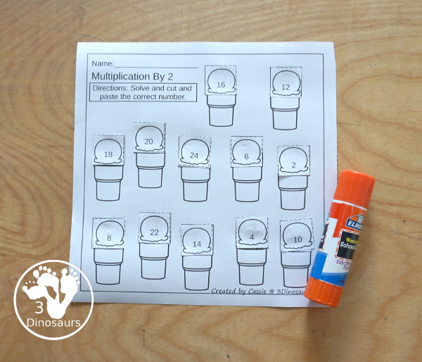 Free Ice Cream Cone Multiplication Cut & Paste - with multiplication from 1 to 12 with cut and paste the answer on the equation - 3Dinosaurs.com