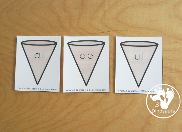 Free Ice Cream  Vowel Team Matching Printable - with two matching ovwel team pictures for each ice cream cone. A great hands-on activity for vowel team words.- 3Dinosaurs.com