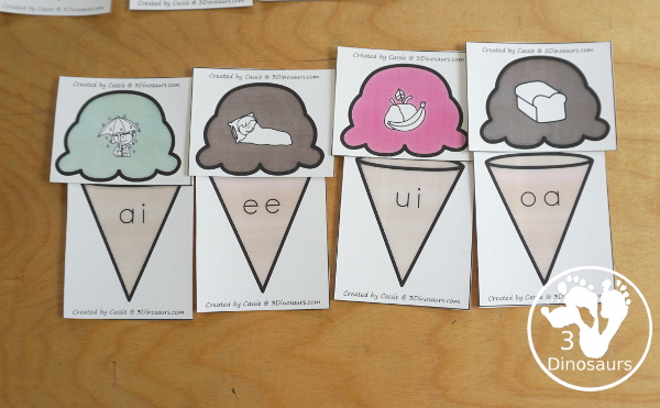 Free Ice Cream  Vowel Team Matching Printable - with two matching ovwel team pictures for each ice cream cone. A great hands-on activity for vowel team words.- 3Dinosaurs.com