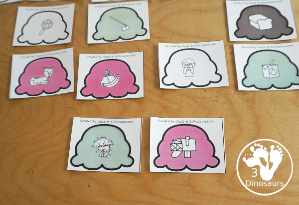 Free Ice Cream  Vowel Team Matching Printable - with two matching ovwel team pictures for each ice cream cone. A great hands-on activity for vowel team words.- 3Dinosaurs.com