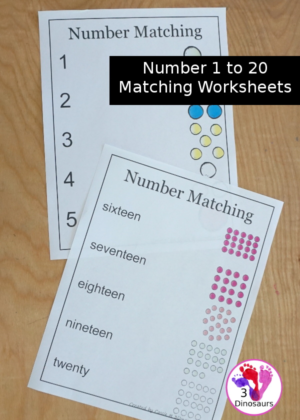 Free Number 1 to 20 Matching Worksheets with Pictures - with two different number matching worksheets to use with numerical number and number word - 3Dinosaurs.com