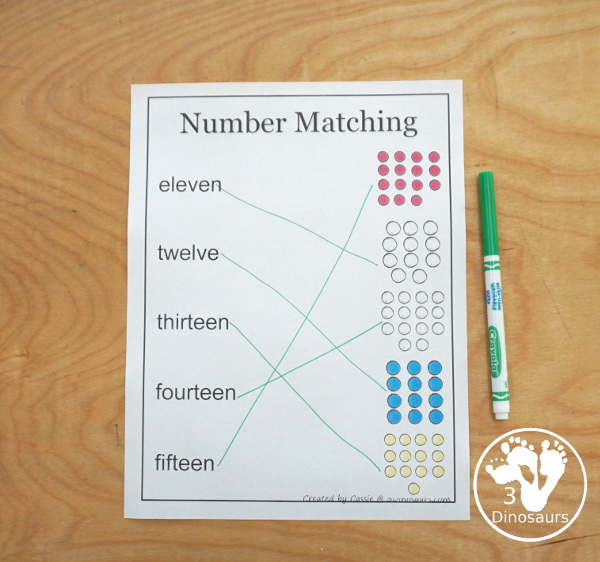 Free Number 1 to 20 Matching Worksheets with Pictures - with two different number matching worksheets to use with numerical number and number word - 3Dinosaurs.com