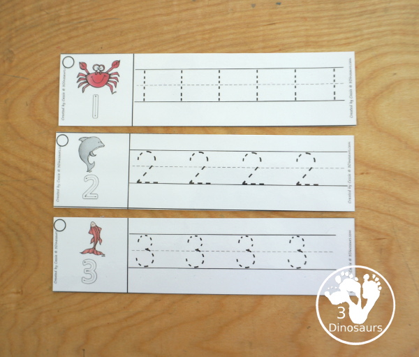 Free Ocean Themed Number Tracing Strips  Printable - with numbers 0 to 20. With ocean animal themes and examples of how to trace the numbers and numbers to trace. Plus fun ocean animals on each strip. - 3Dinosaurs.com