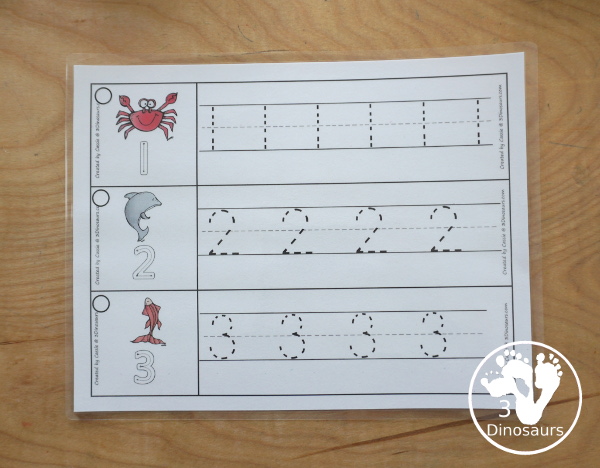 Free Ocean Themed Number Tracing Strips  Printable - with numbers 0 to 20. With ocean animal themes and examples of how to trace the numbers and numbers to trace. Plus fun ocean animals on each strip. - 3Dinosaurs.com