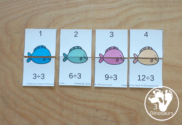 Ocean Division Cut & Paste & Puzzles Printable Set  - a set of cut paste worksheets with matching the answer to the equation and 12 puzzles for matching the answer to the equation for division 1 to 12.- 3Dinosaurs.com