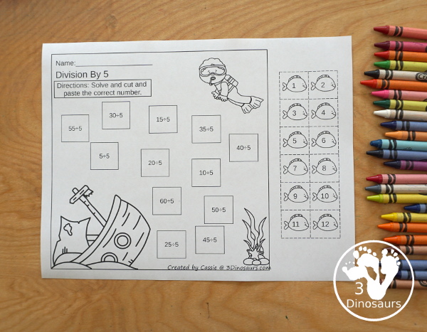 Free Ocean Cut & Paste Division Printable  - with Division for 1 to 12 with cut and paste the answer on the equation and make a fun ocean scene - 3Dinosaurs.com- 3Dinosaurs.com