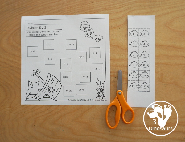 Free Ocean Cut & Paste Division Printable  - with Division for 1 to 12 with cut and paste the answer on the equation and make a fun ocean scene - 3Dinosaurs.com- 3Dinosaurs.com