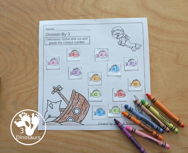 Free Ocean Cut & Paste Division Printable  - with Division for 1 to 12 with cut and paste the answer on the equation and make a fun ocean scene - 3Dinosaurs.com- 3Dinosaurs.com