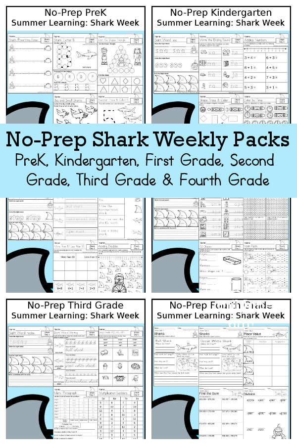 Shark No-Prep Weekly Packs PreK, Kindergarten, First Grade, Second Grade, Third Grade & Fourth Grade with 5 days of activities to do for each grade level With loads of different shark themes - You will find a mix of math, language, and more - These are easy to use packs for shark week, summer learning, homework, early finisher, and morning work. Easy no-prep printables for kids with four pages for each day - 3Dinosaurs.com