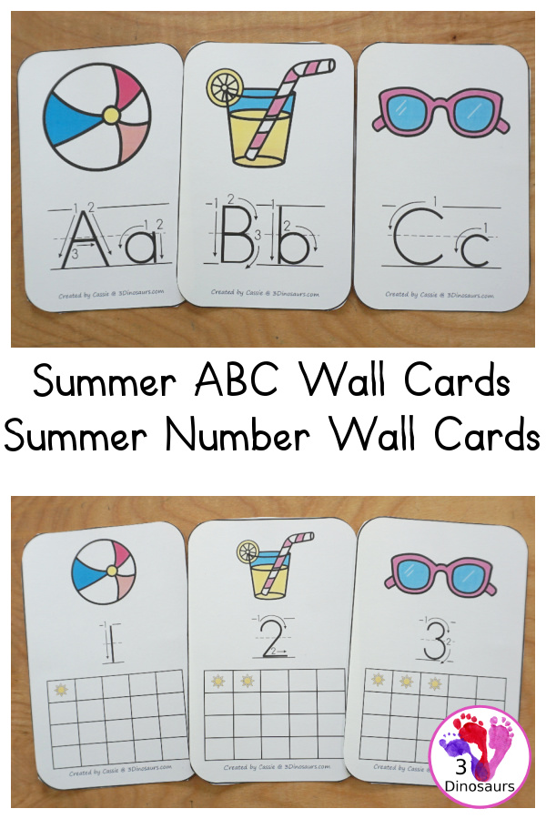 Free Summer Themed ABC & Number Wall Cards with all 26 letters of the alphabet and numbers 0 to 20  with examples of how to write the letters or numbers with fun summer themes on each card - 3Dinosaurs.com