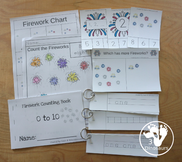 Firework Activity Pack - Prewriting, Shapes, ABCs and Numbers with easy reader books, clip cards, worksheets and tracing strips. A fun learning pack that work great for a fireworks theme for the Fourth of July or  New Years - 3Dinosaurs.com