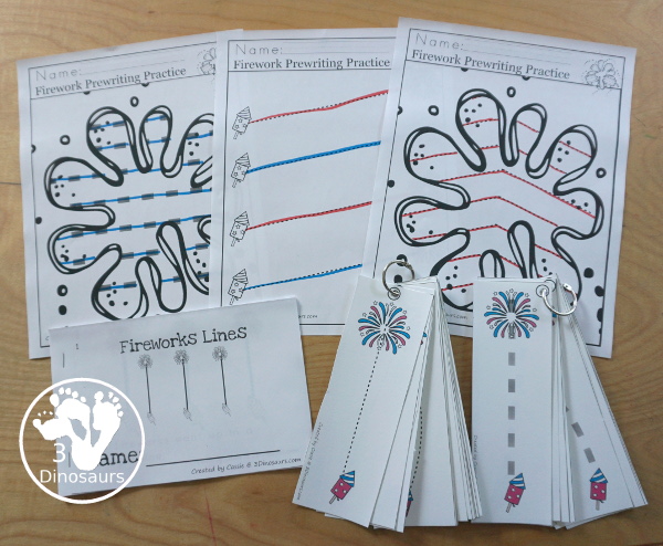 Firework Activity Pack - Prewriting, Shapes, ABCs and Numbers with easy reader books, clip cards, worksheets and tracing strips. A fun learning pack that work great for a fireworks theme for the Fourth of July or  New Years - 3Dinosaurs.com
