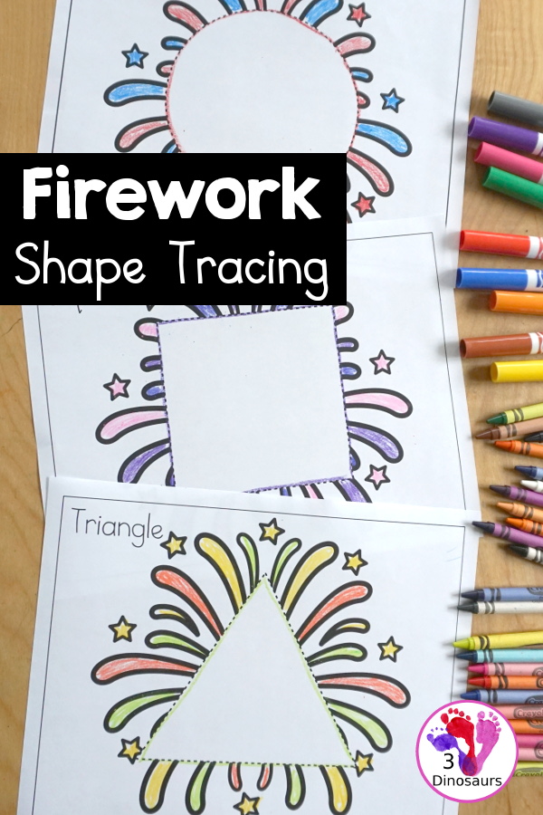 Free Firework Shape Tracing Printable with 9 shapes for kids to trace with a firework theme. Only one shape on each page -  3Dinosaurs.com