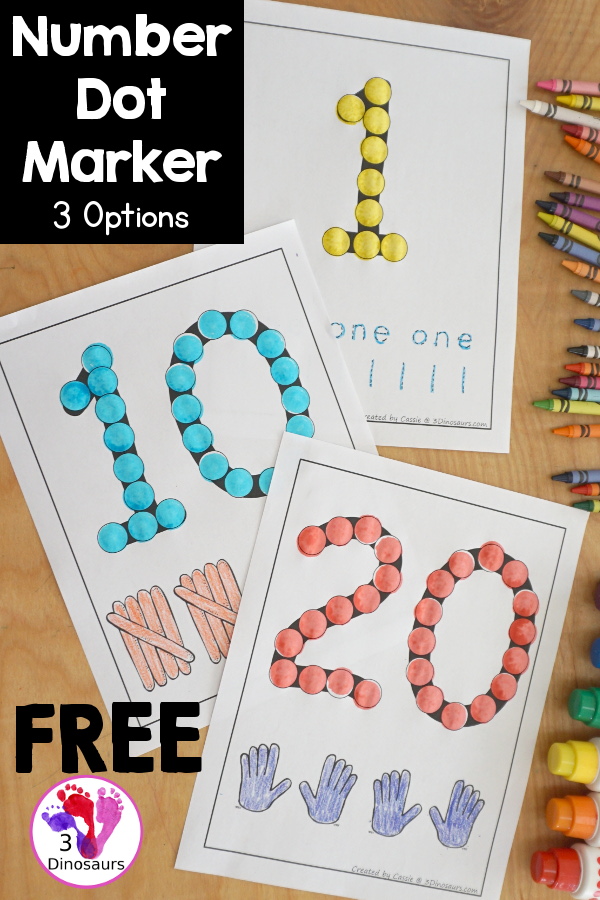 Free Number Dot Marker Pages 0 to 20 - with number tracing, tally marks, and hands for counting. Each option has 0 to 20 for each number so you have 63 pages of dot marker number printables- 3Dinosaurs.com