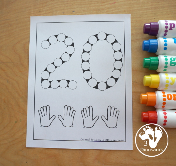 Free Number Dot Marker Pages 0 to 20 - with number tracing, tally marks, and hands for counting. Each option has 0 to 20 for each number so you have 63 pages of printables- 3Dinosaurs.com
