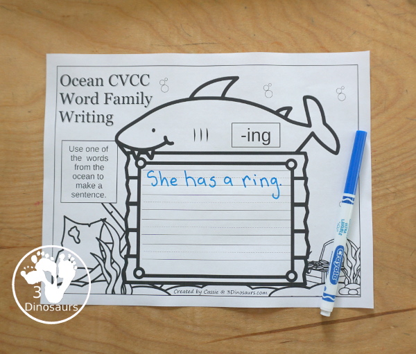 Free Ocean Themed CVC & CVCC Word Family Writing - over 100 pages of printables with building words and writing sentences about each of the words. A fun way to review CVC and CVCC words for the summer or during an ocean theme.- 3Dinosaurs.com